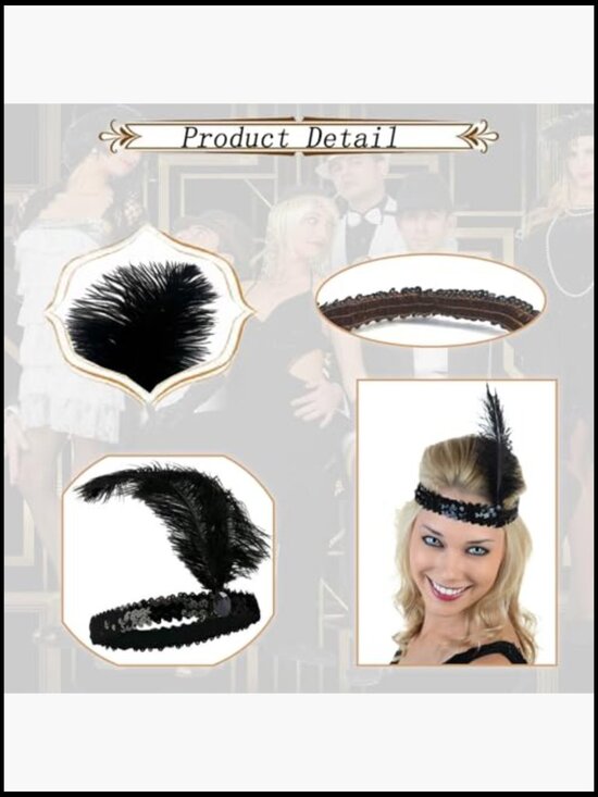 1920s Flapper Headband Black Sequins Feather Gatsby Party Hair Accessory 20 Pack main image 6